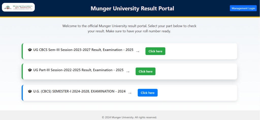 Munger University UG 1st Semester Result 2024-28 कैसे चेक करें?
